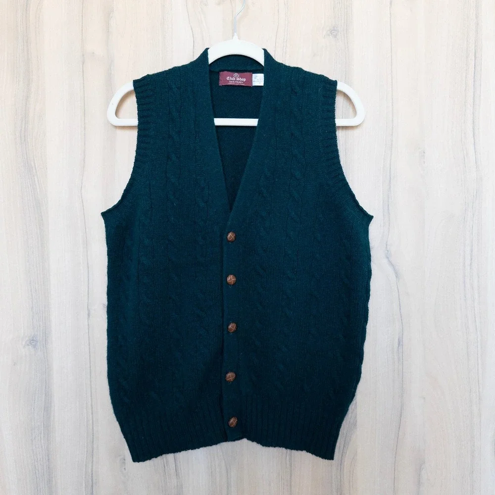 VTG‎ Club Shop Mens Cable Knit Sweater Vest Size M Dark Green Preppy Old Money
